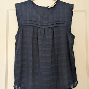 Ann Taylor Loft Plaid Texture Pleated Yoke Shell Navy Blue Women's Large